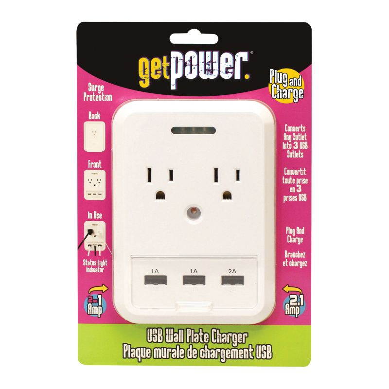 GetPower GP-3USB-AC-AC USB Wallplate Charger, 4.1 A, 5 -Outlet, White White
