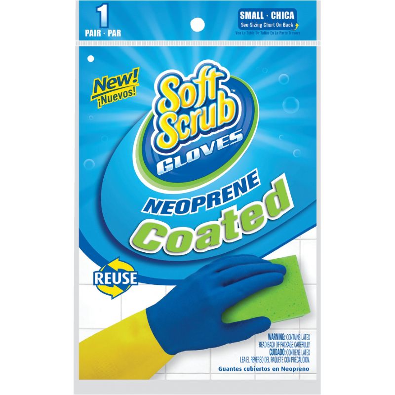 Soft Scrub Neoprene Coated Latex Rubber Glove S, Blue &amp; Yellow