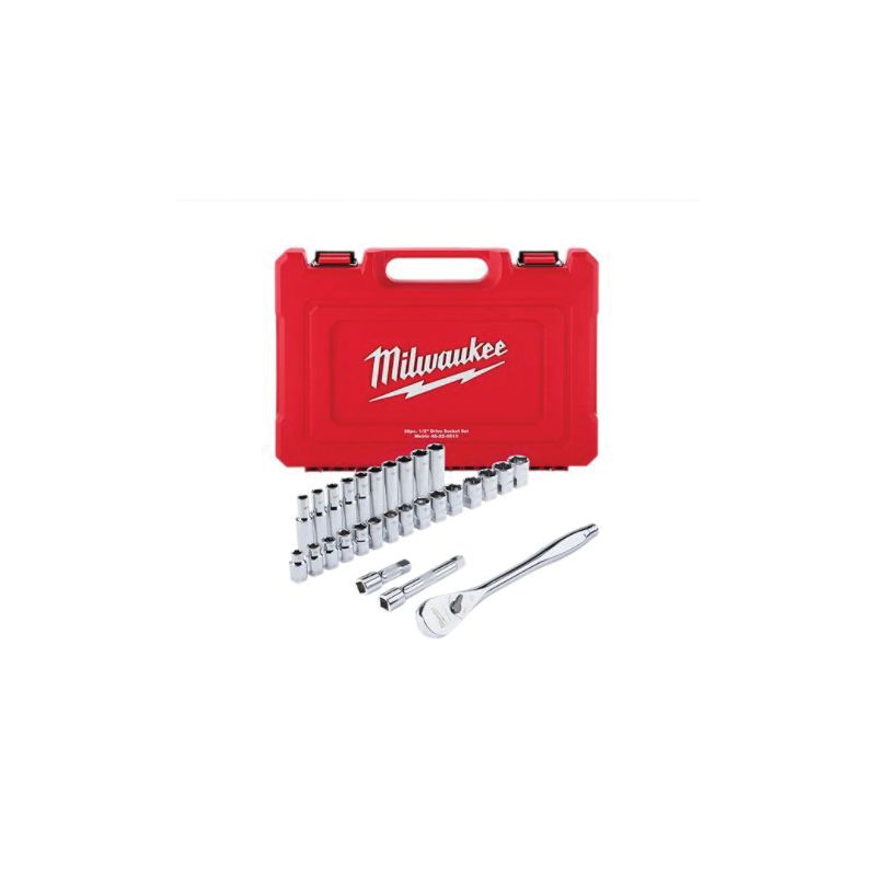 Milwaukee 48-22-9510 Ratchet and Socket Set, Alloy Steel, Specifications: 1/2 in Drive Size, Metric Measurement