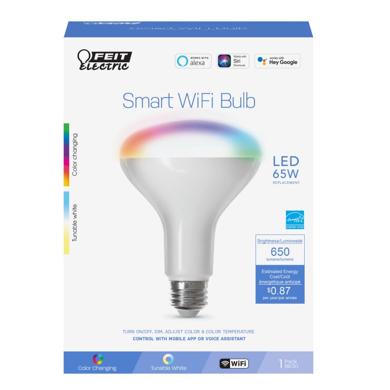 Feit Electric BR30/RGBW/CA/AG Smart Bulb, 8 W, Wi-Fi Connectivity: 2.4 GHz, Voice Control, Medium E26 Lamp Base