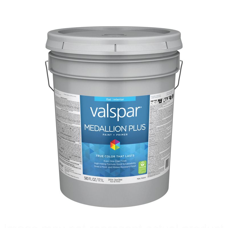 Valspar Medallion Plus 2100 08 Latex Paint, Acrylic Base, Flat Sheen, Clear Base, 5 gal, Plastic Pail Clear Base