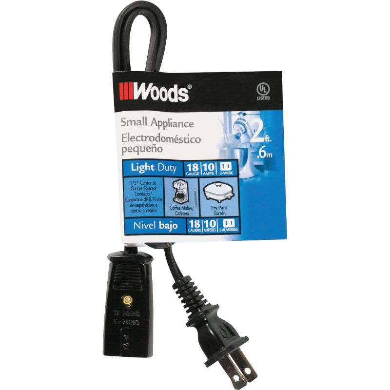 Woods Mini Plug Appliance Cord 2 Ft., Black, 10A