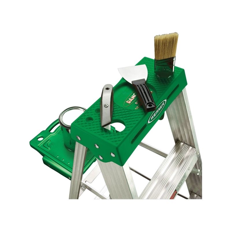 WERNER 355 Step Ladder, 9 ft Max Reach H, 4-Step, 225 lb, Type II Duty Rating, 3 in D Step, Aluminum, Green Green
