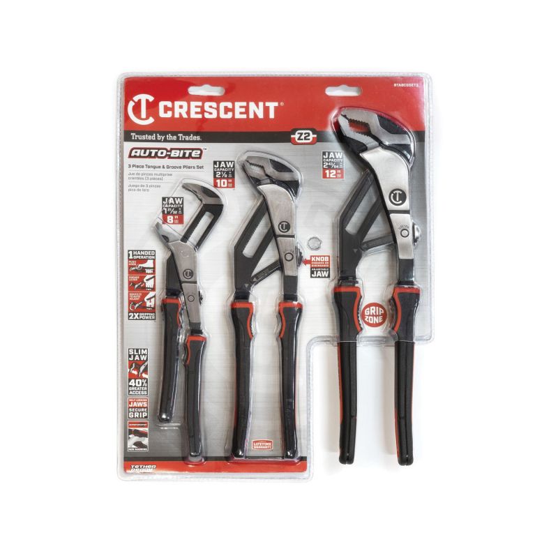Crescent Z2 Auto-Bite Series RTABCGSET3 Tongue and Groove Plier Set, 3-Piece, Alloy Steel, Black/Rawhide, Polished Black/Rawhide