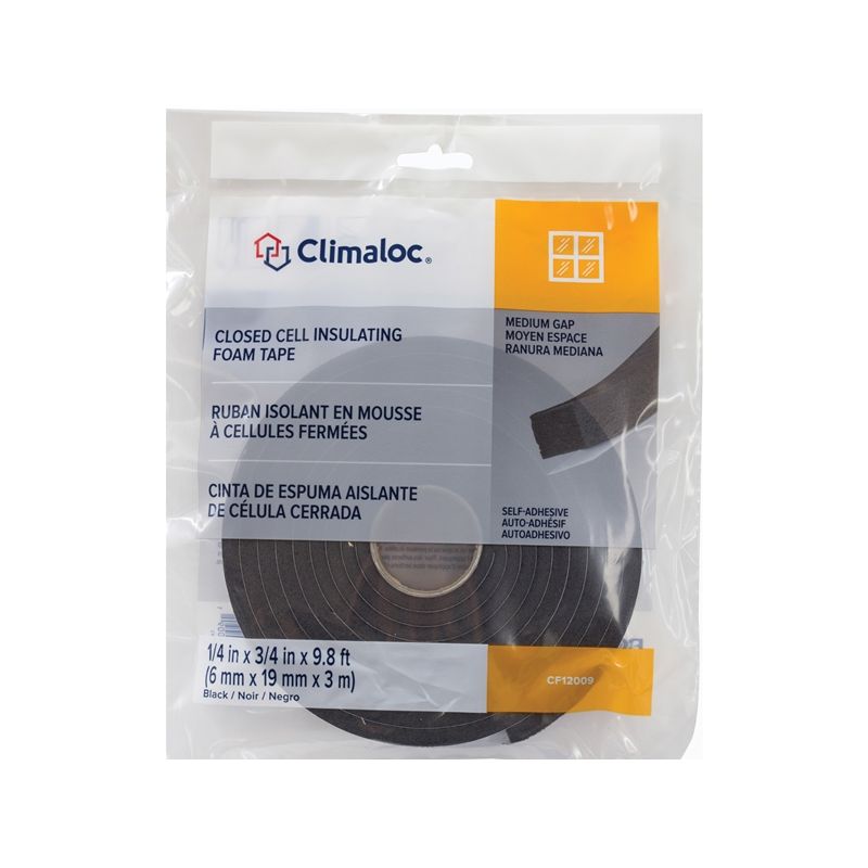 Climaloc CF12009 Foam Tape, 3/4 in W, 9.8 ft L, 1/4 in Thick, Polyethylene, Black Black