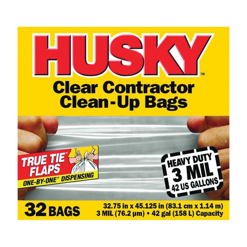 Husky HC42WC032C Clean-Up Trash Bag, 42 gal Capacity, Polyethylene, Clear 42 Gal, Clear