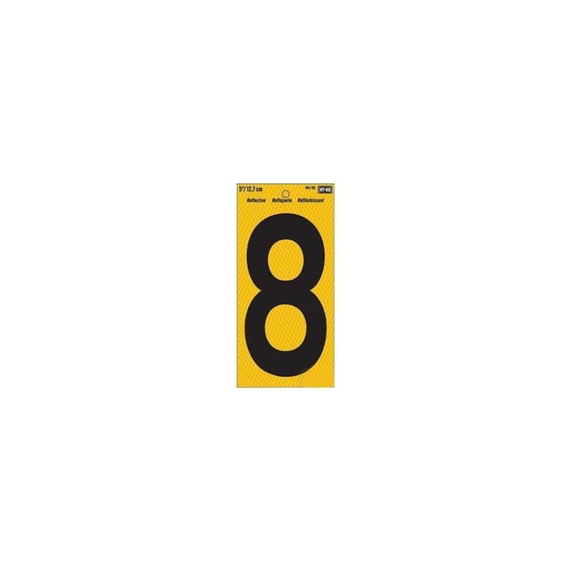 Hy-Ko RV-75/8 Reflective Sign, Character: 8, 5 in H Character, Black Character, Yellow Background, Vinyl (Pack of 10)