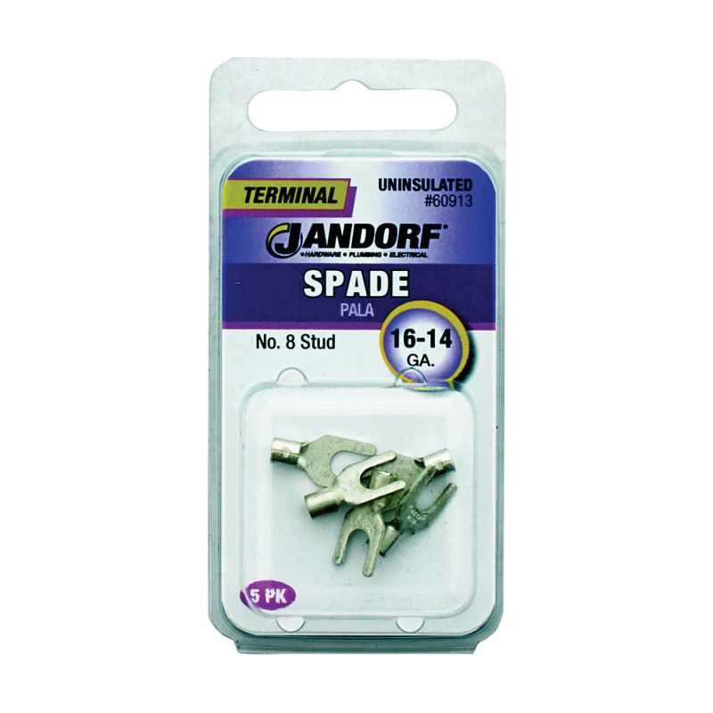 Jandorf 60913 Spade Terminal, 600 V, 16 to 14 AWG Wire, #8 Stud, Copper Contact, 5/PK