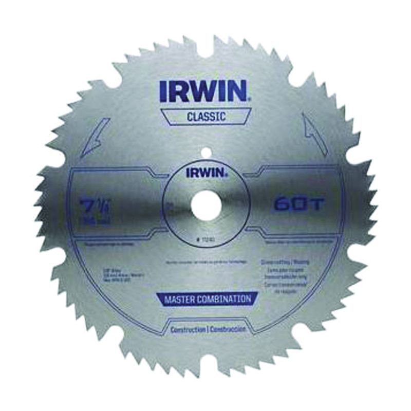 Irwin 11240 Circular Saw Blade, 7-1/4 in Dia, 5/8 in Arbor, 60-Teeth, Carbon Steel Cutting Edge