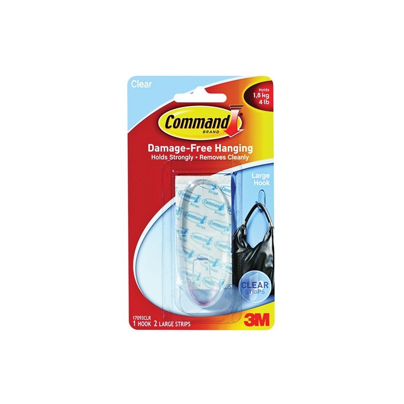 Command 17093CLR Adhesive Hook, 4 lb, 1-Hook, Plastic, Clear Clear (Pack of 6)