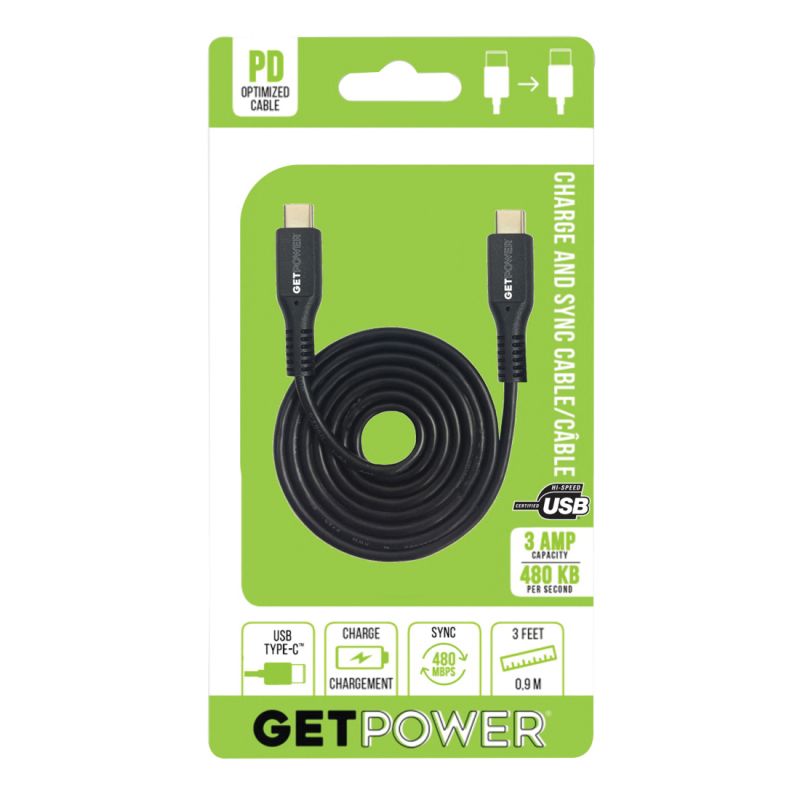 GetPower GP-USBC-USBC PD Optimized Charging and Sync Cable, USB-C, USB-C, Black, 3 ft L Black
