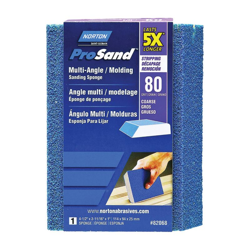 Norton ProSand 82068 Sanding Sponge, 4-1/2 in L, 3-11/16 in W, 80 Grit, Coarse, Aluminum Oxide Abrasive