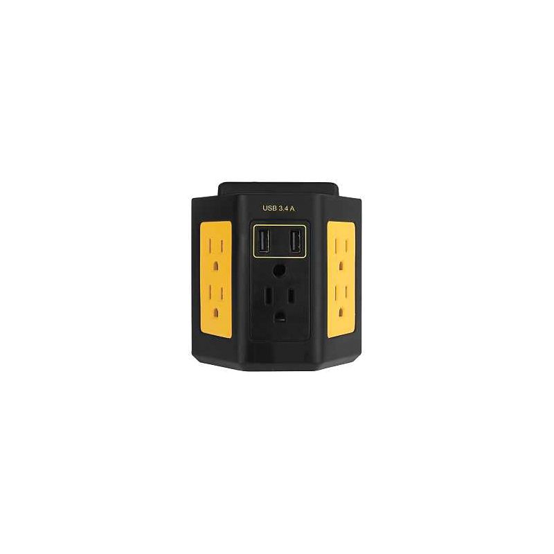 PowerZone ORPBWTU345 Outlet Adapter, 3.4 A, 2-USB Port, 5-Outlet, Black/Yellow Black/Yellow