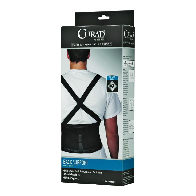Curad ORT22200LD Back Support with Suspenders, L, Fits to Waist Size: 34 to 38 in, Hook and Loop L, Black