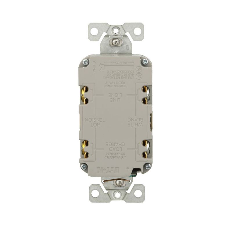 Eaton GF15LA GFCI Receptacle, 125 V, 15 A, NEMA: NEMA 5-15R, Back, Side Wiring, Light Almond Light Almond