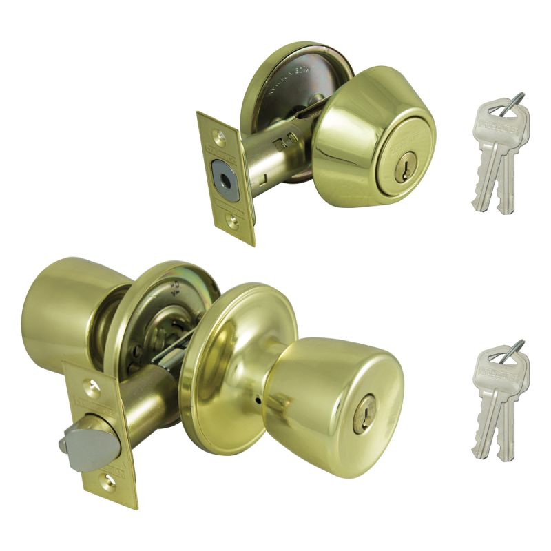 ProSource BS7B1-PS Deadbolt and Entry Lockset, Turnbutton Lock, Knob Handle, Tulip Design, Polished Brass, 3 Grade