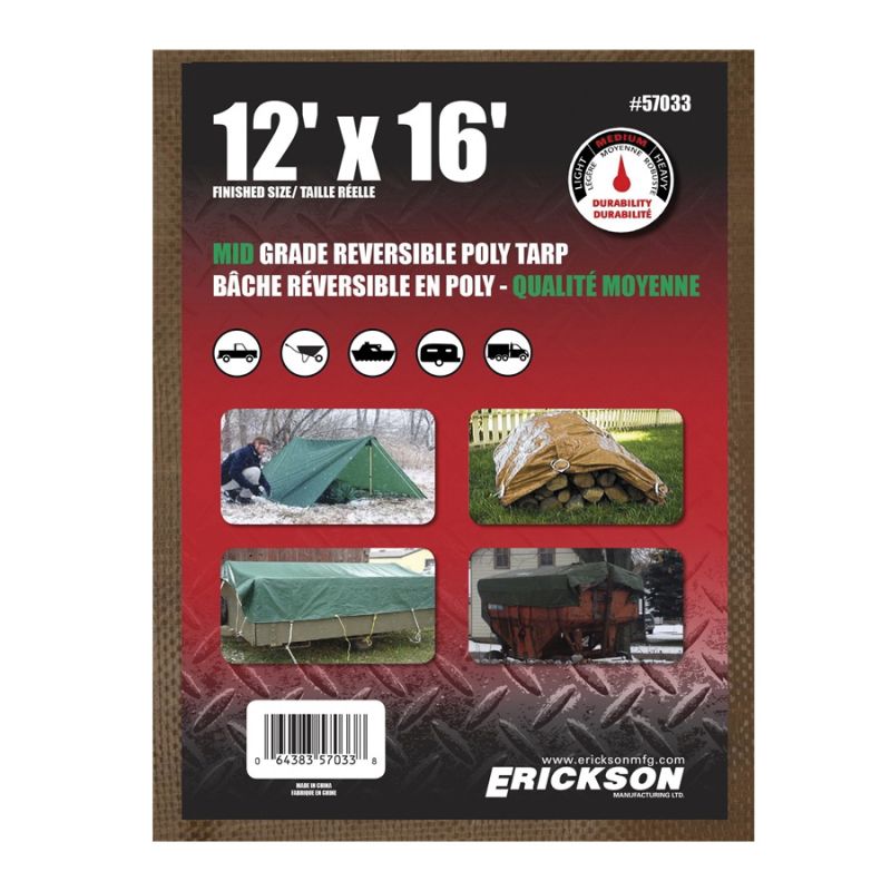 Erickson 57033 Mid-Grade Reversible Tarp, 16 ft L, 12 ft W, Polyethylene, Brown/Green Brown/Green