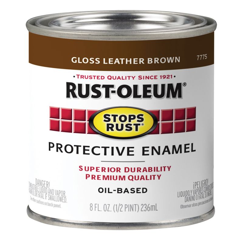 Rust-Oleum Stops Rust 7775730 Enamel Paint, Oil, Gloss, Leather Brown, 0.5 pt, Can, 50 to 90 sq-ft/qt Coverage Area Leather Brown