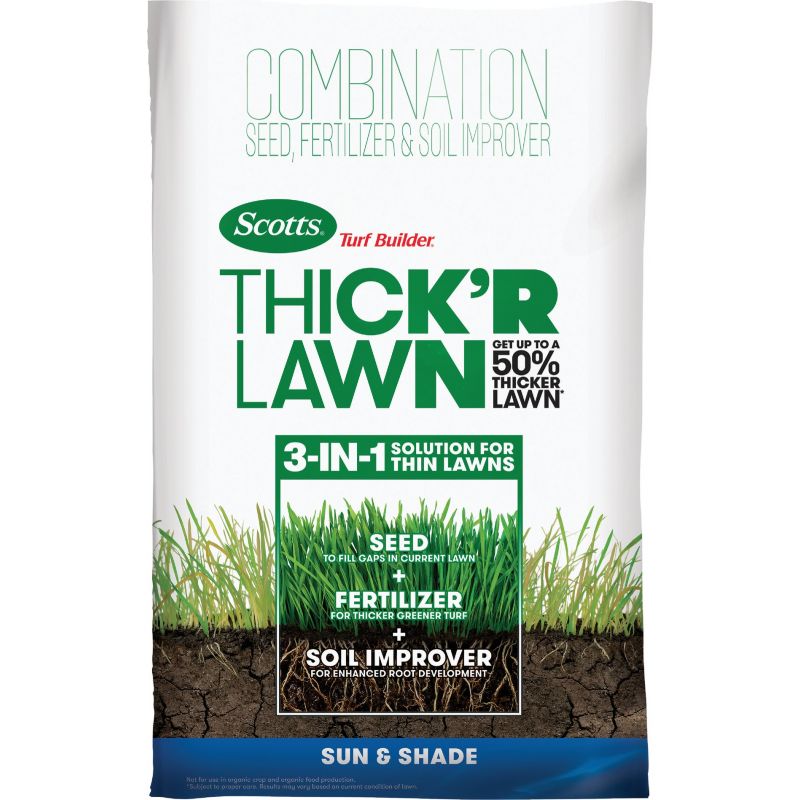 Scotts Turf Builder ThickR Lawn Combination Grass Seed, Fertilizer, &amp; Soil Improver 12 Lb., Fine Texture, Dark Green Color