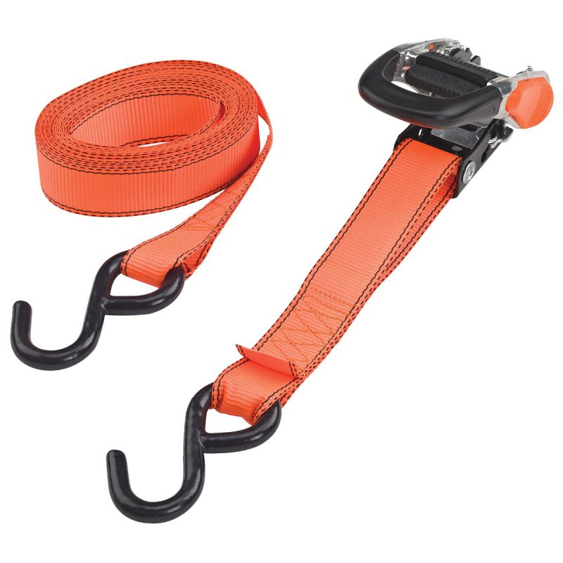 ProSource FH4013 Tie-Down, 1-1/4 in W, 16 ft L, Polyester Webbing, Metal Ratchet, Orange, 700 lb, S-Hook End Fitting Orange