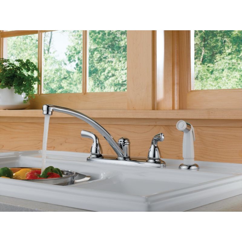 Delta Foundations Double Handle Kitchen Faucet with Sprayer Transitional