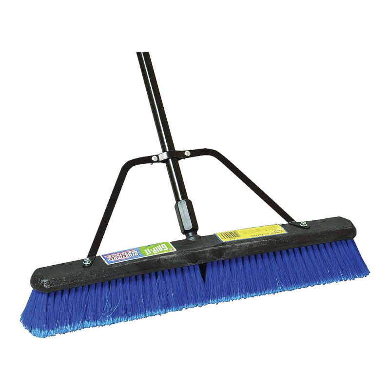 Simple Spaces 93200 Push Broom, 24 in Sweep Face, 3 in L Trim, Polypropylene Bristle, 60 in L, Threaded with Brace Black/Blue