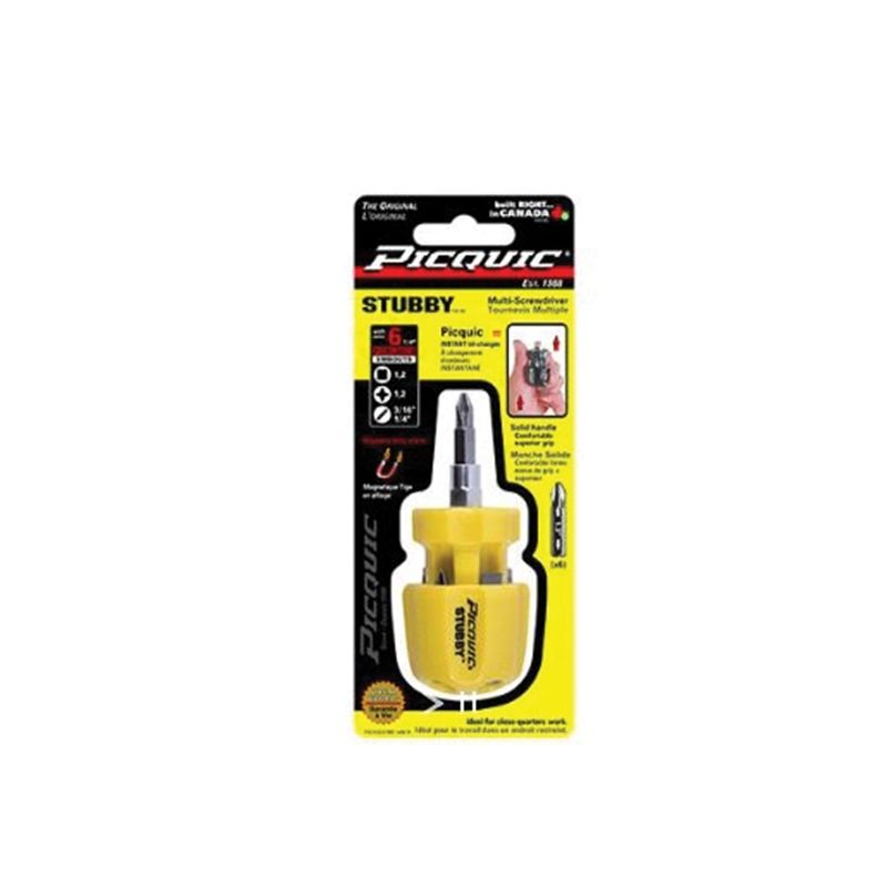 Picquic STUBBY 91000B Multi-Bit Screwdriver, #1, #2 Robertson, #1, #2 Phillips, 3/16 in, 1/4 in Slotted Drive