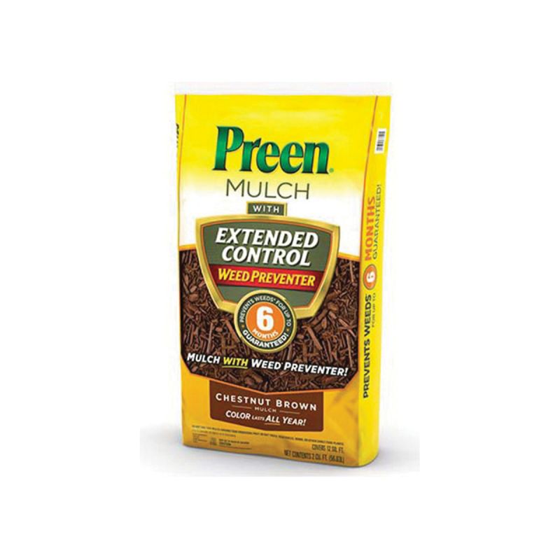 Preen 2464197 Mulch with Extended Control Weed Preventer with Extended Control Weed Preventer, Granular, Slight Bag Chestnut Brown