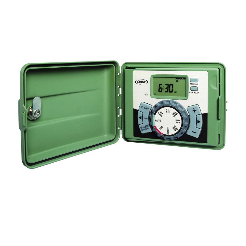 Orbit 57899 Indoor/Outdoor Timer, 120 V, 9 -Zone, 3 -Program, 99 min Cycle, LCD Display, Plug-and-Go Mounting Green