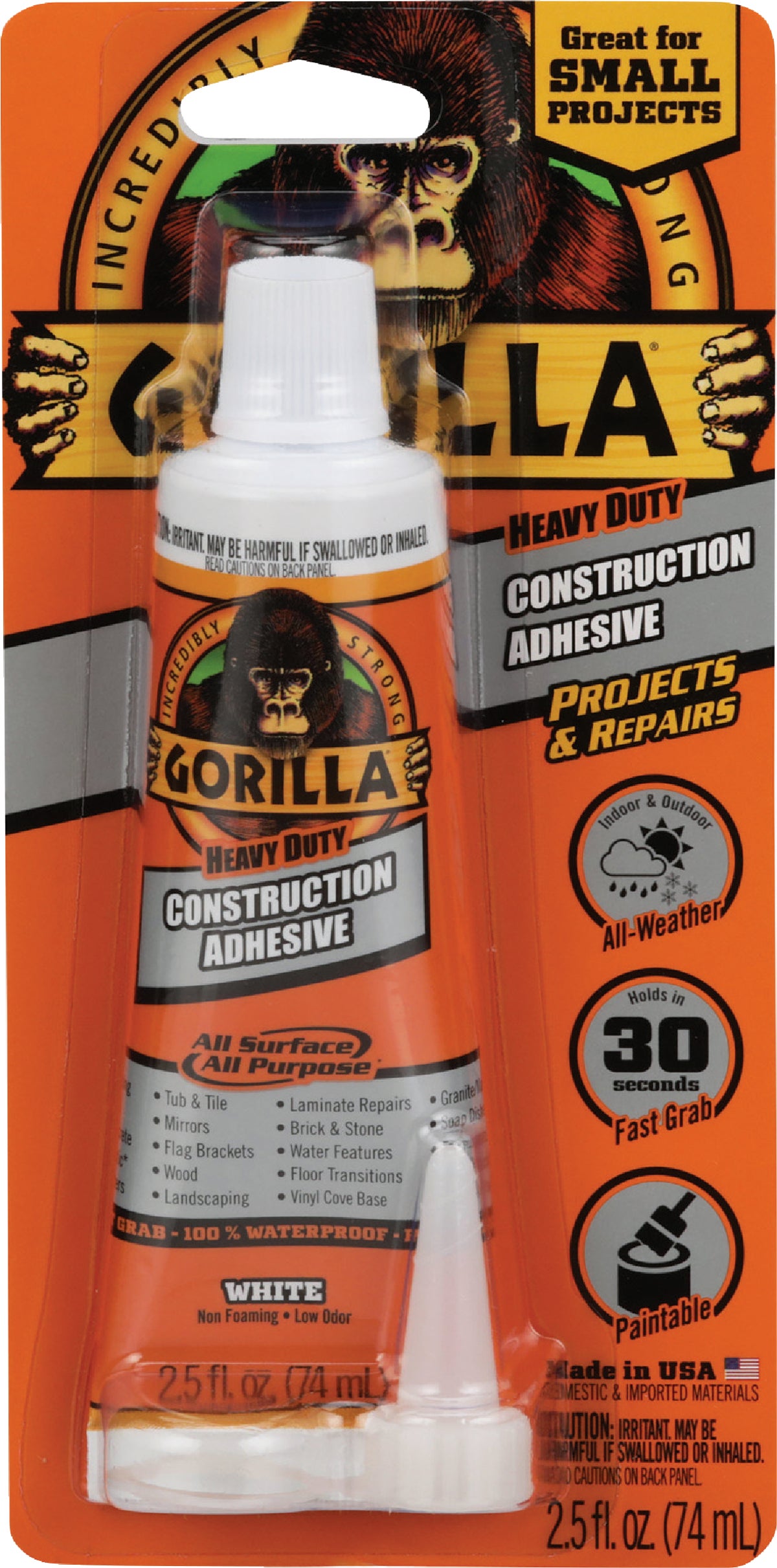 Lot of 2 Gorilla Heavy Duty Construction Adhesive Glue 2.5oz White All  Purpose