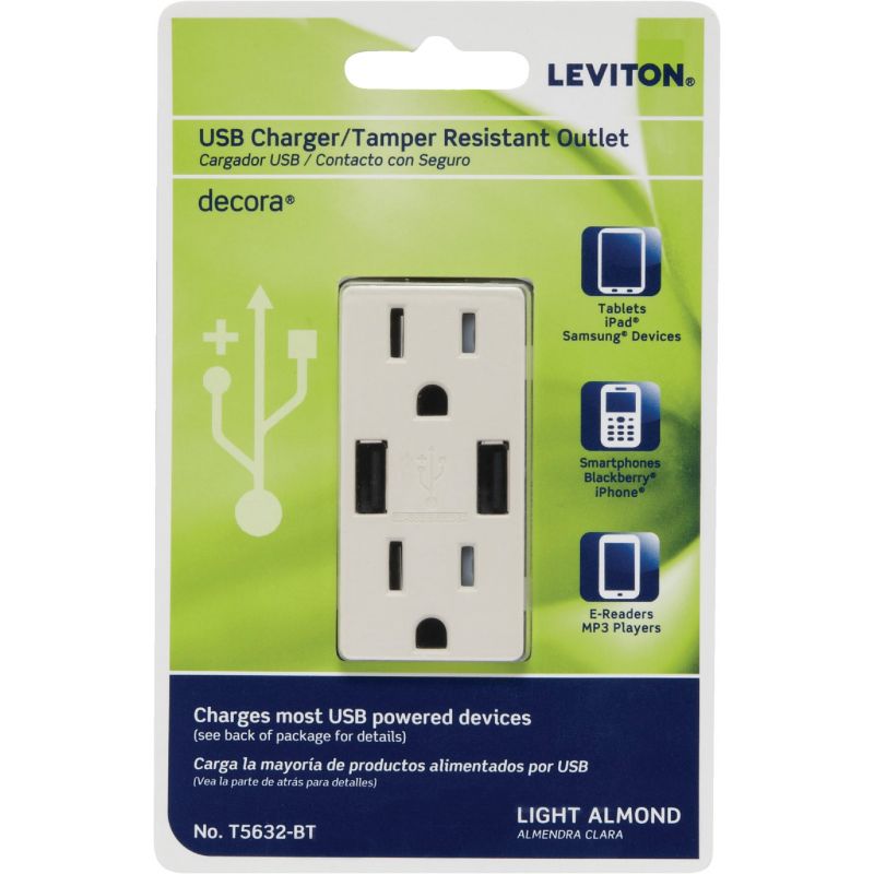 Leviton Decora 2-Port USB Charging Outlet With Tamper Resistant Duplex Outlet Light Almond, 3.6A/15A