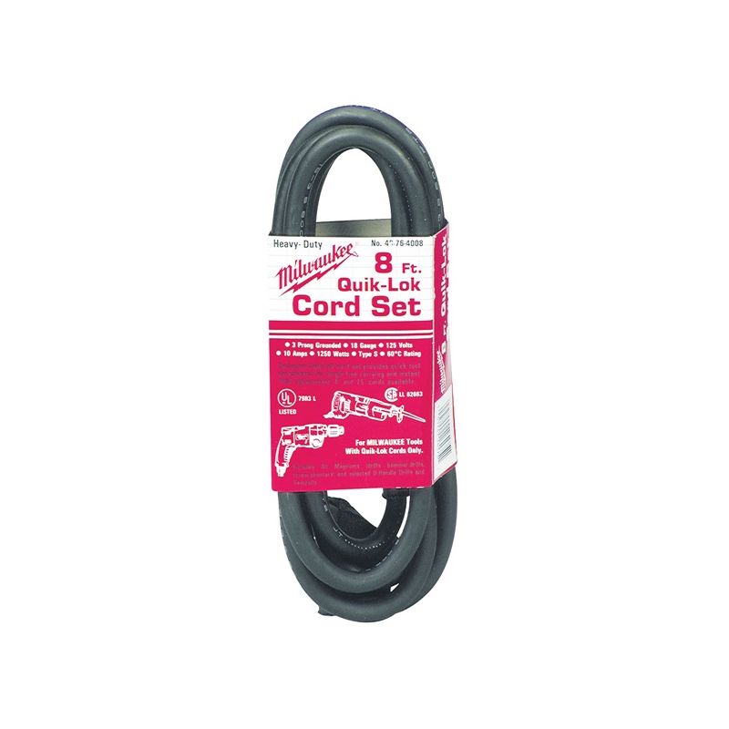 Milwaukee QUIK-LOK 48-76-4008 Extension Cord, 18 AWG Cable, 8 ft L, 10 A, 125 V