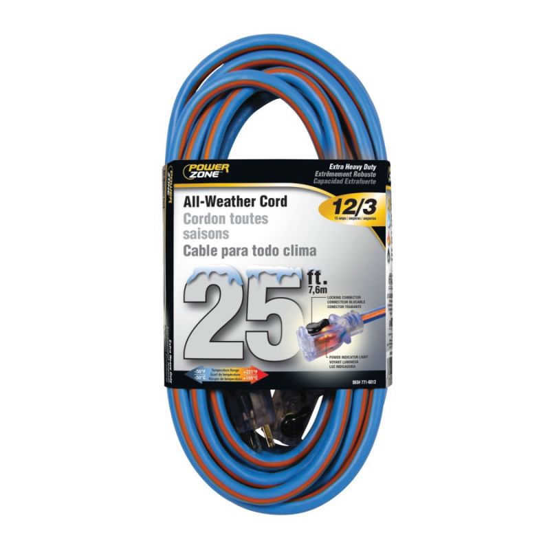 PowerZone ORC530825 Extension Cord, 12 AWG Cable, 5-15P Grounded Plug, 5-15R Grounded Receptacle, 25 ft L, 125 V