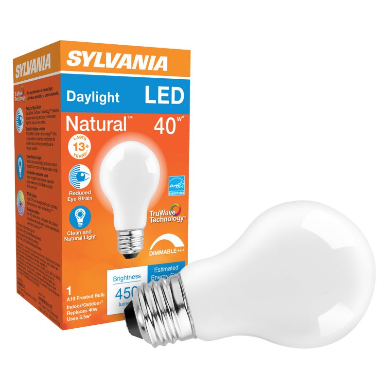Sylvania 40725 LED Bulb, General Purpose, A19 Lamp, E26 Lamp Base, Dimmable, Daylight Light, 5000 K Color Temp (Pack of 12)