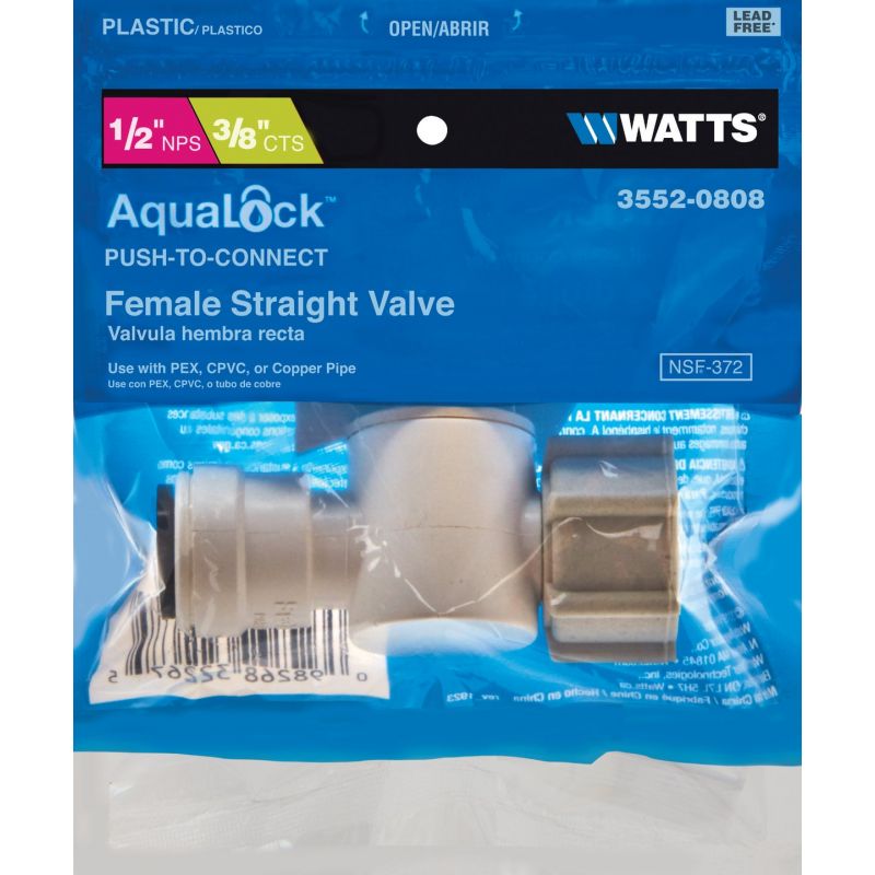 Watts Quick Connect Straight Stop Shutoff Push Valve 1/2&quot; FPT X 3/8&quot; CTS