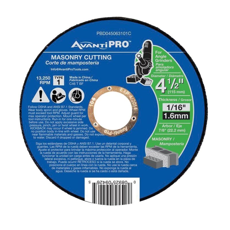 Avanti Pro PBD045063101C Cut-Off Wheel, 4-1/2 in Dia, 1/16 in Thick, 7/8 in Arbor