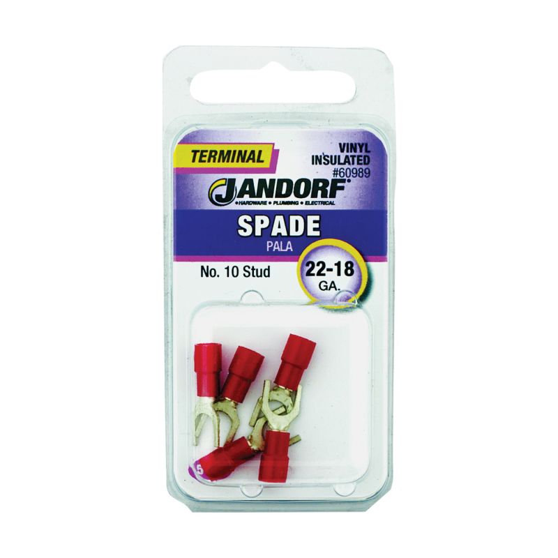 Jandorf 60989 Spade Terminal, 600 V, 22 to 18 AWG Wire, #10 Stud, Vinyl Insulation, Copper Contact, Red Red
