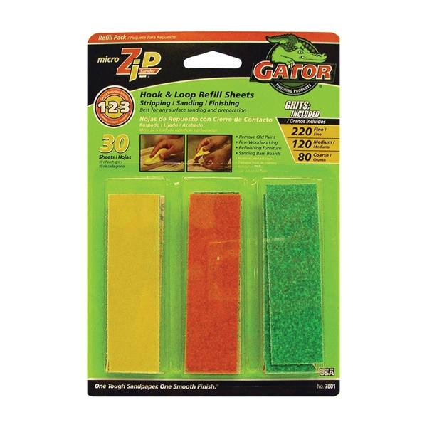 Gator MicroZip 7801 Refill Sheet, 3-1/2 in L, 1 in W, Extra Fine, Fine,  Medium, 80 Grit, Aluminum Oxide Abrasive