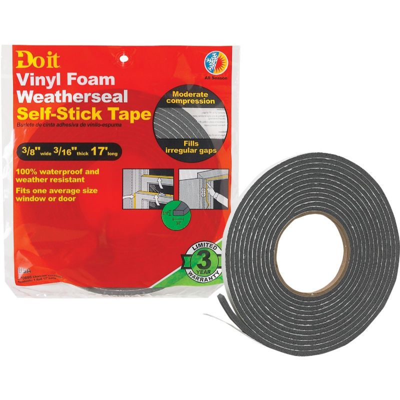 Do it Best Heavy Density PVC Closed Cell Vinyl Foam Weatherstrip Tape 3/8&quot; W X 3/16&quot; T X 17&#039; L, Charcoal