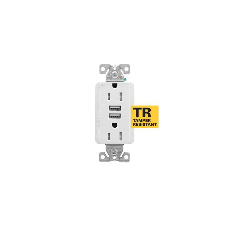 Eaton Cooper Wiring TRUSB5A15 TRUSB5A15W-K-L Receptacle, 2 -Pole, 5 A, 125 VAC, 2 -USB Port, Type A USB, White White