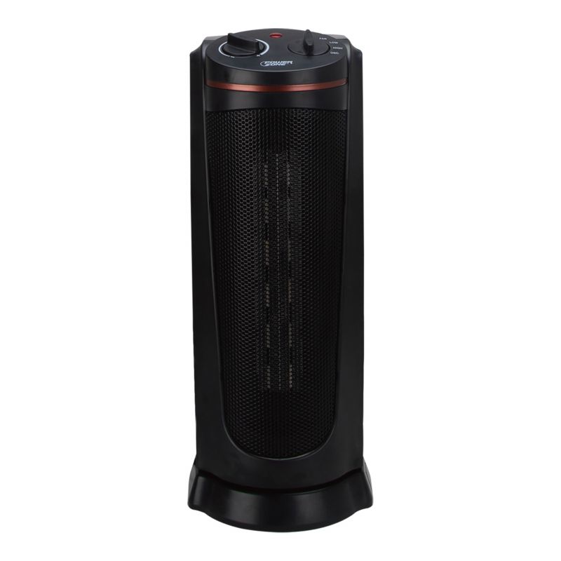 PowerZone Ceramic Tower Heater, 12.5 A, 120 V, 900/1500 W, 1500W Heating, 2-Heat Settings, Black Black