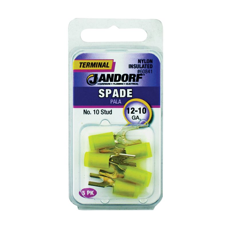 Jandorf 60841 Spade Terminal, 600 V, 12 to 10 AWG Wire, #10 Stud, Nylon Insulation, Copper Contact, Yellow Yellow