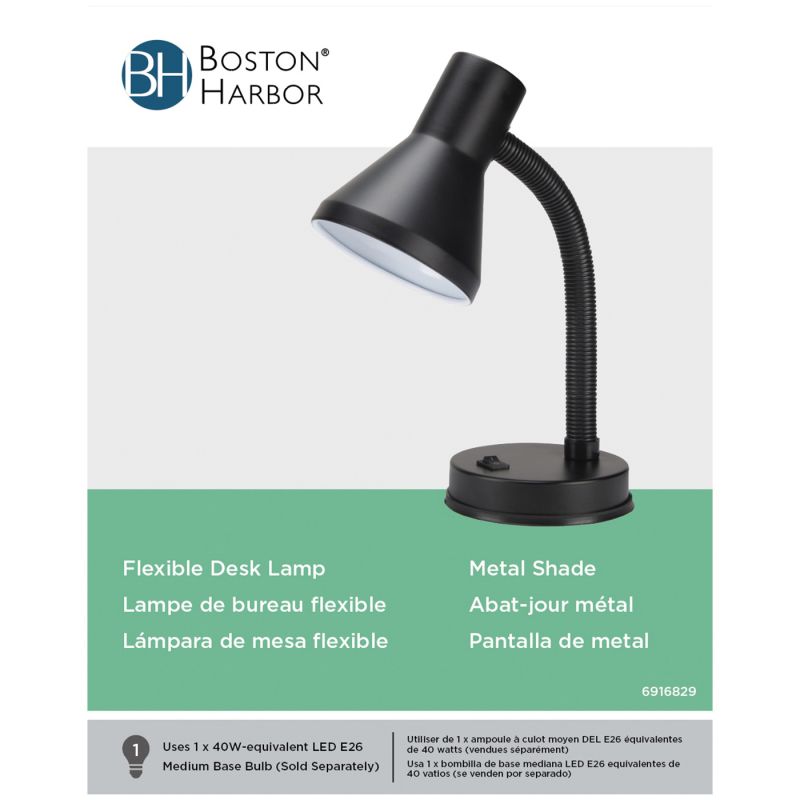 Boston Harbor TL-TB-134-BK-3L Flexible Desk Lamp, 120 V, 60 W, 1-Lamp, CFL Lamp, Black Fixture, Black Black