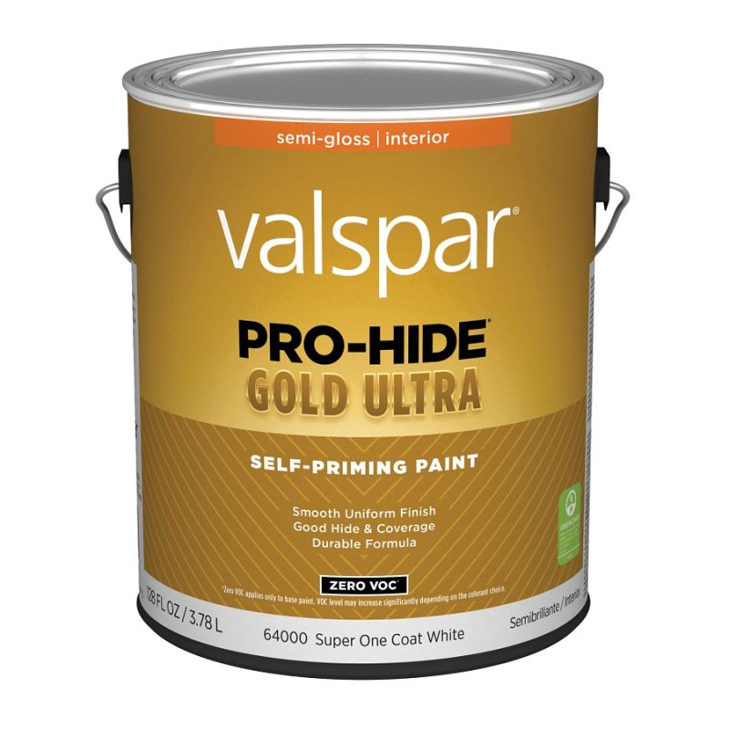 Valspar Pro-Hide Gold Ultra 6400 07 Latex Paint, Acrylic Base, Semi-Gloss Sheen, Super One Coat White Super One Coat White