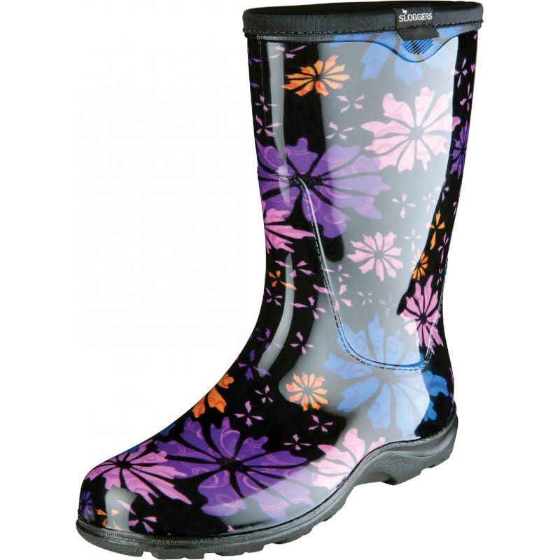 Sloggers Women&#039;s Rain &amp; Garden Rubber Boot Size 8, Black With Flowers