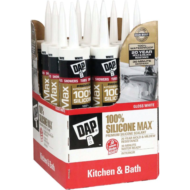 DAP Silicone Max Premium Kitchen, Bath &amp; Plumbing Silicone Sealant White, 10.1 Oz.