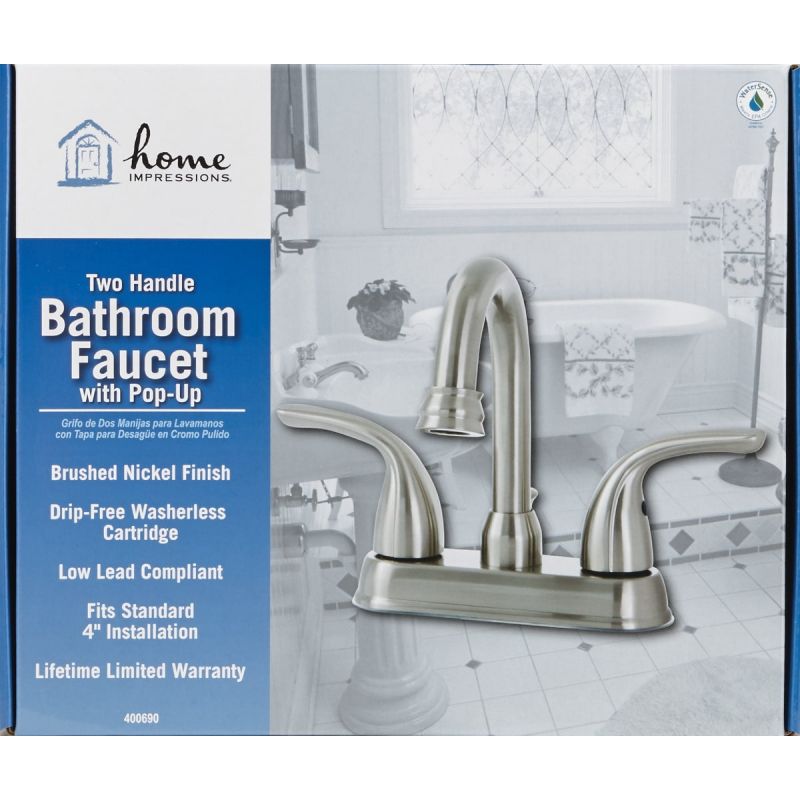 Home Impressions 2 Metal Handle 4 In. Centerset Hi-Arc Bathroom Faucet with Pop-Up