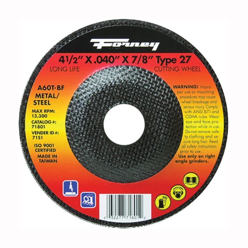 Forney 71801 Cut-Off Wheel, 4-1/2 in Dia, 0.04 in Thick, 7/8 in Arbor, 60 Grit, Medium, Aluminum Oxide Abrasive