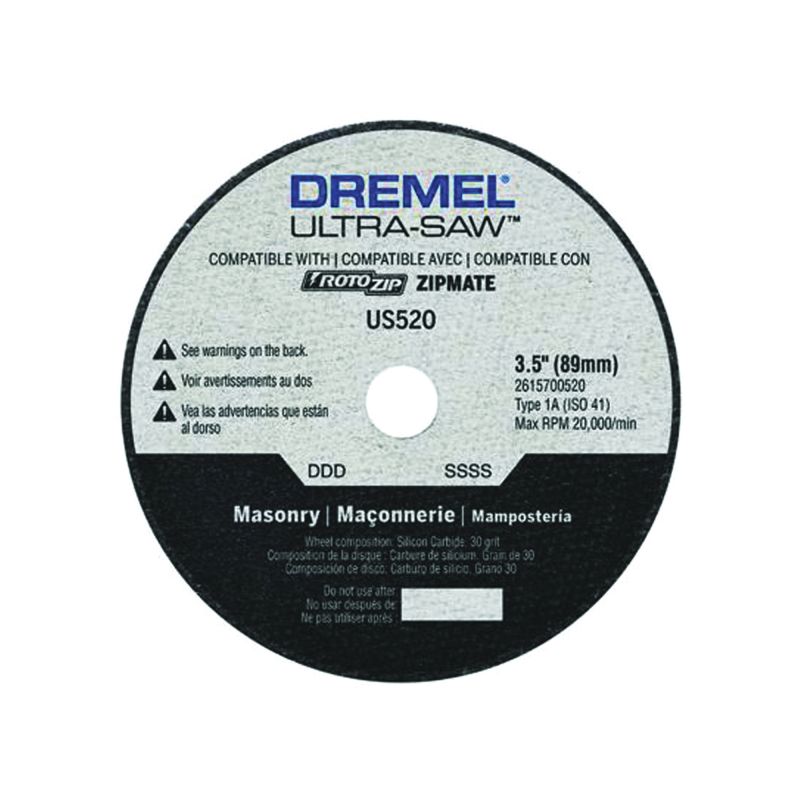 Dremel US520-01 Masonry Cutting Wheel, 3-1/2 in Dia, 0.094 in Thick, 7/16 in Arbor, 30 Grit, Silicone Carbide Abrasive Silver