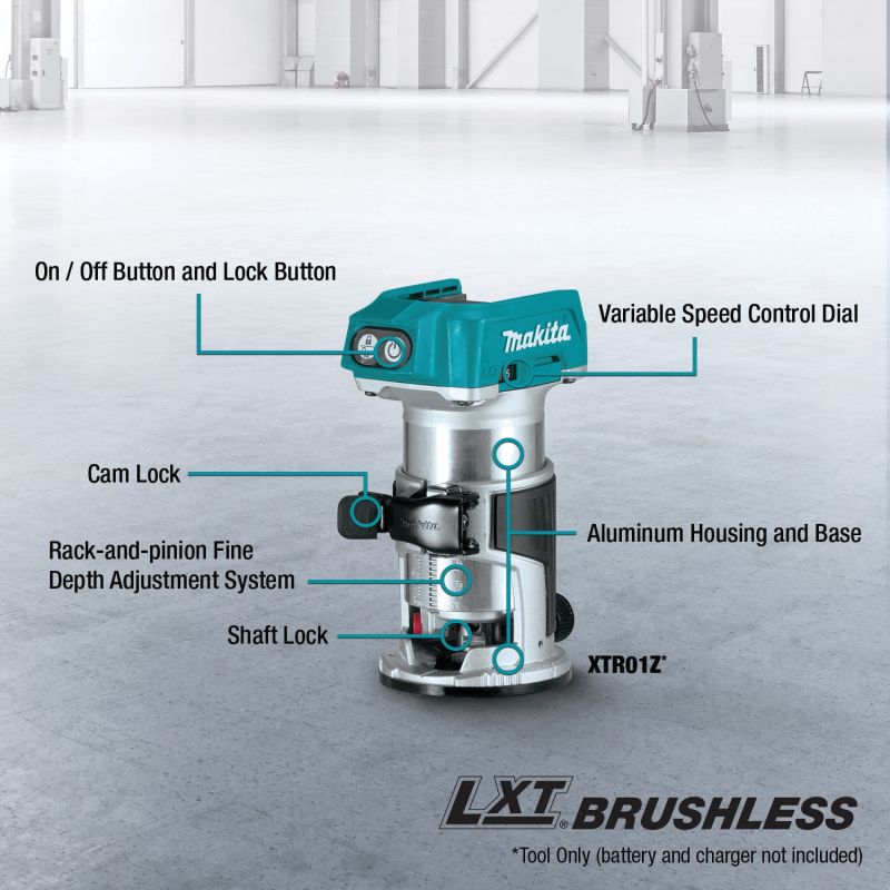 Makita XTR01Z Compact Router, 18 V, 10,000 to 30,000 rpm Spindle
